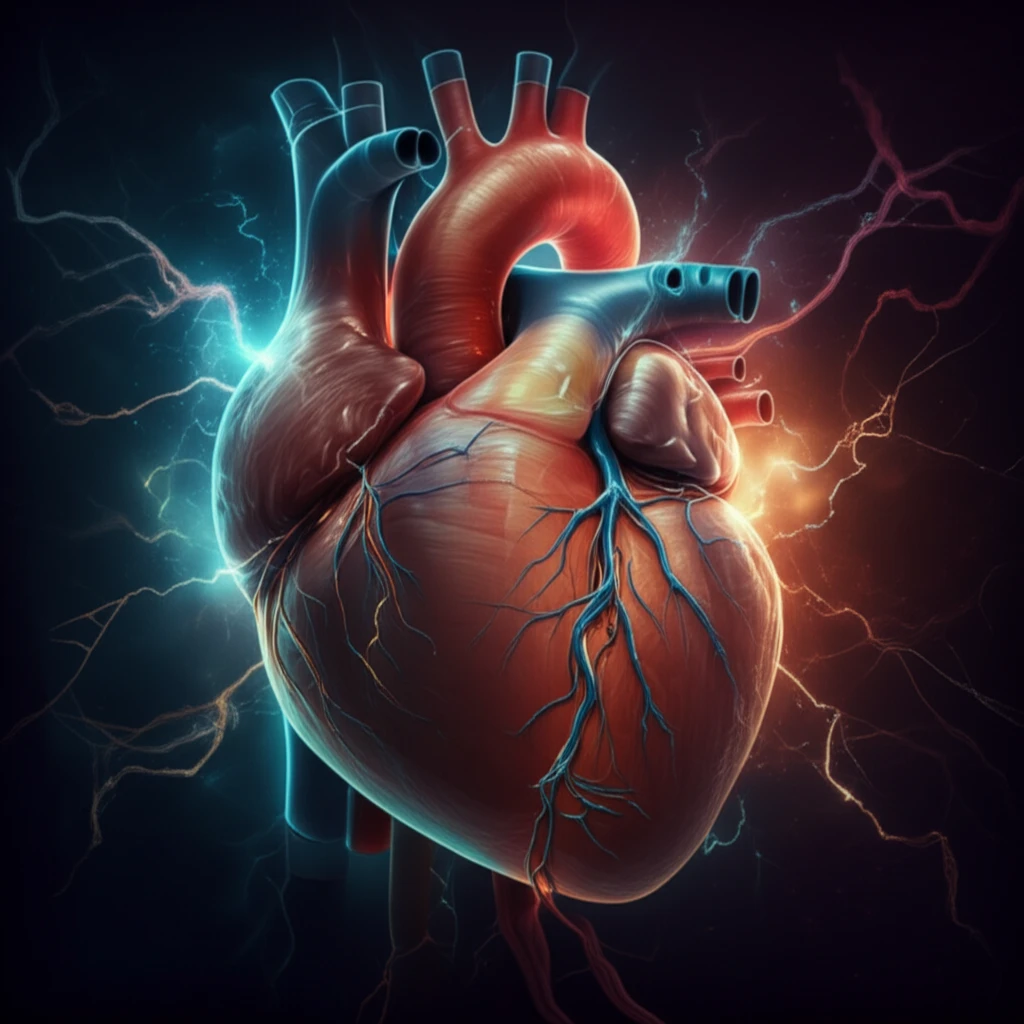 Heart interwoven with DNA and electrical sparks, representing arrhythmias