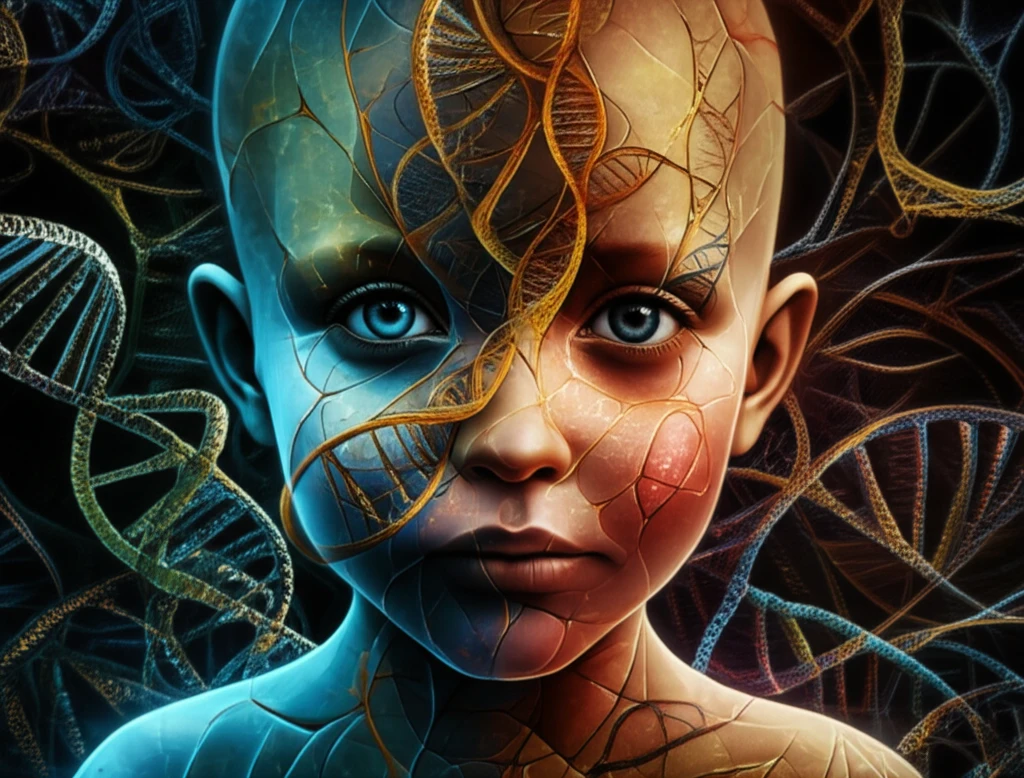Genetic code forming a child's face, symbolizing genetic influence on orofacial development.