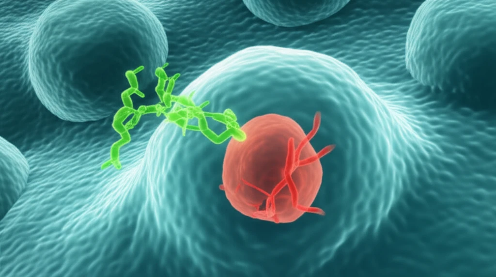 Microscopic view of Polyphyllin molecule disrupting the NF-kB pathway in a macrophage cell.