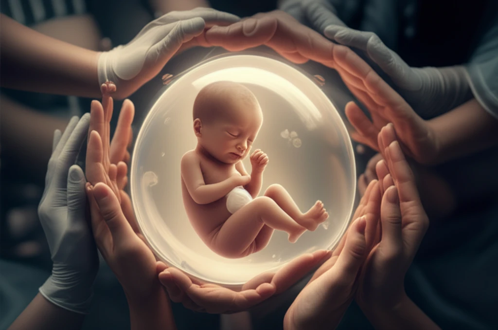 Infant safely cocooned in a dialysis bubble, cared for by loving hands.