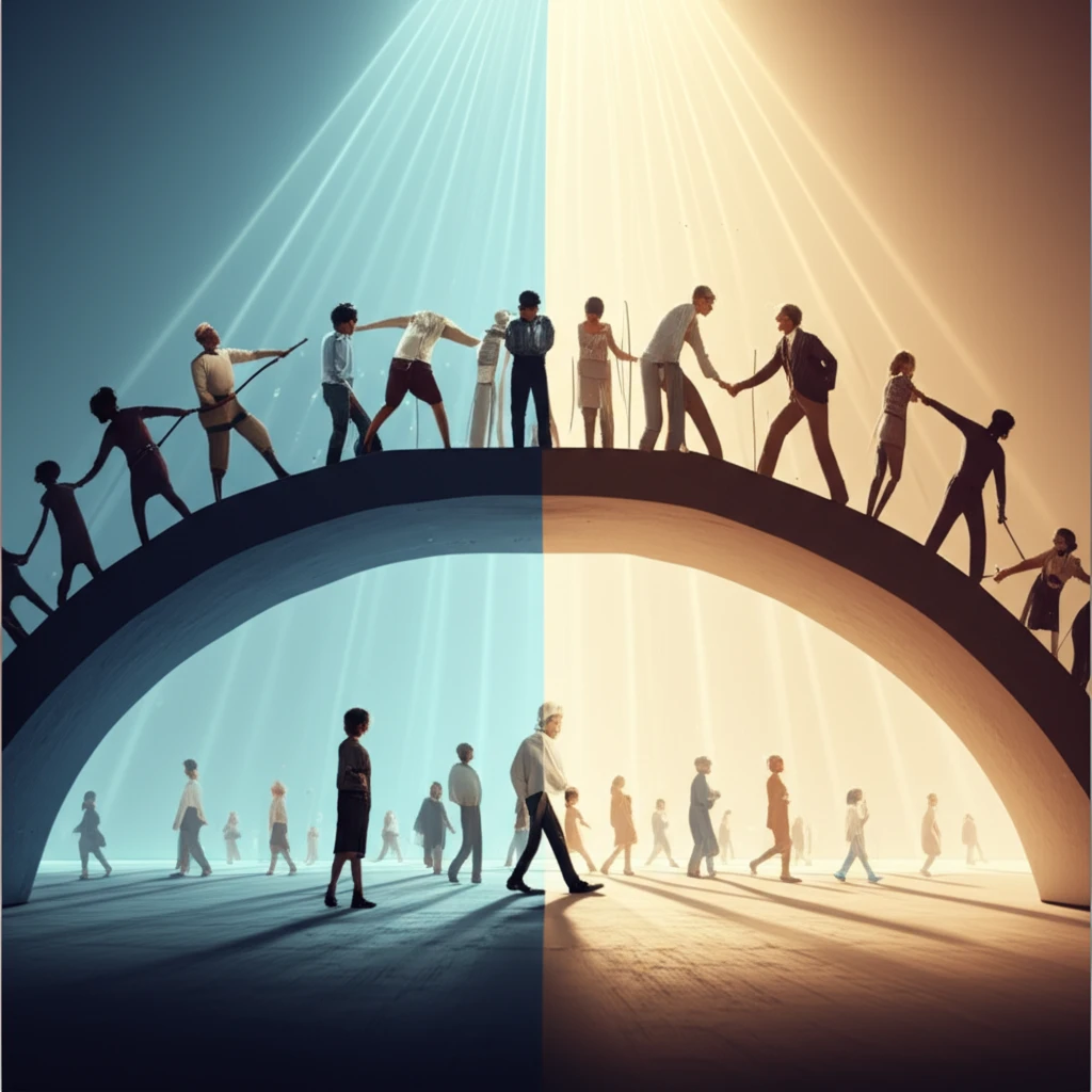 Diverse group collaboratively building a bridge, symbolizing participatory leadership.