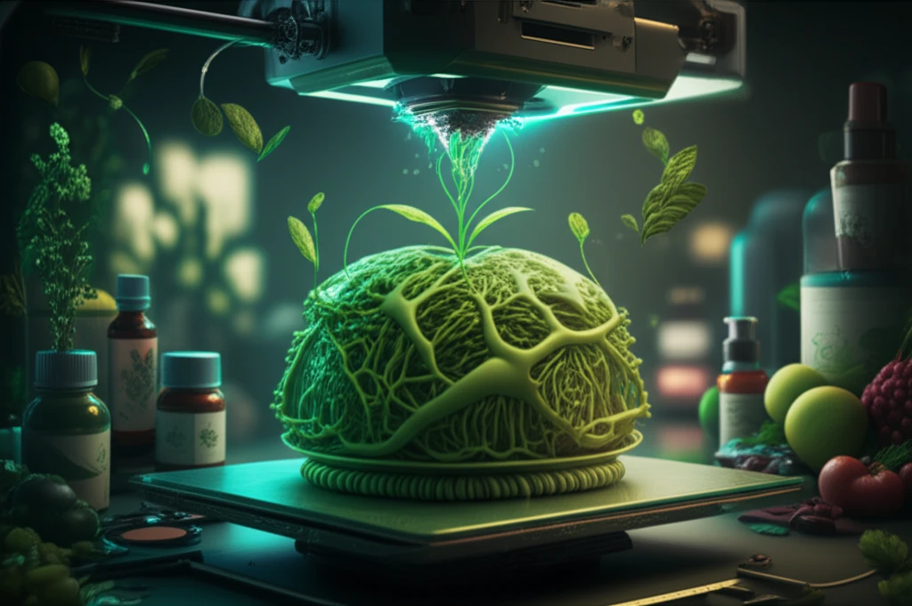 3D printer creating a green, plant-like structure.