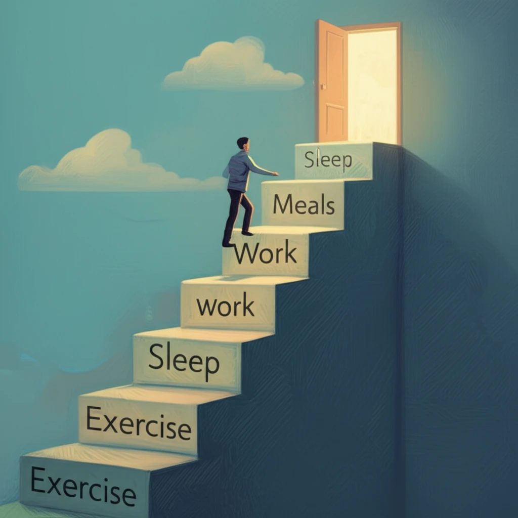 Staircase to Success: Daily life schedule blocks symbolize return to work journey with sunlight