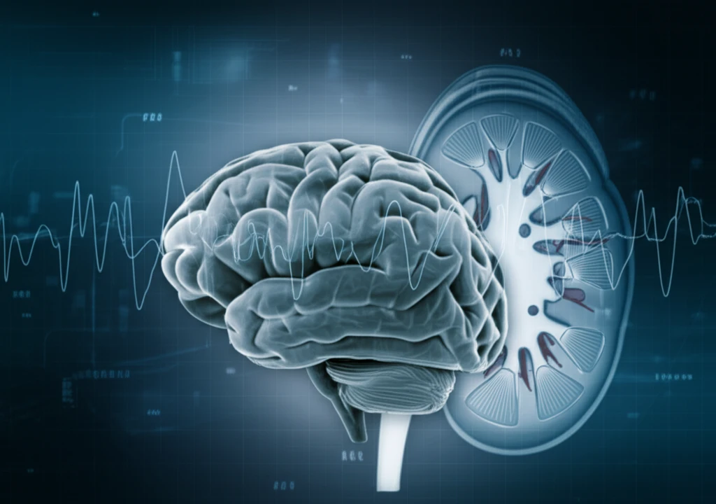 Surreal illustration of brain with triphasic waves and kidney symbol, representing pregabalin toxicity.