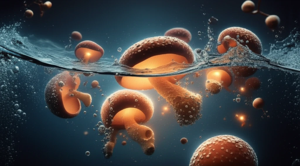 Shiitake mushrooms in flowing water with polysaccharide molecules