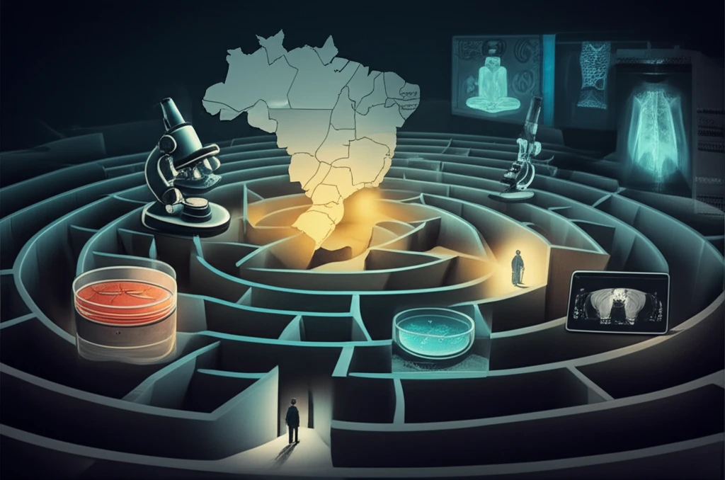 Surreal illustration of a diagnostic maze for tuberculosis in Roraima.