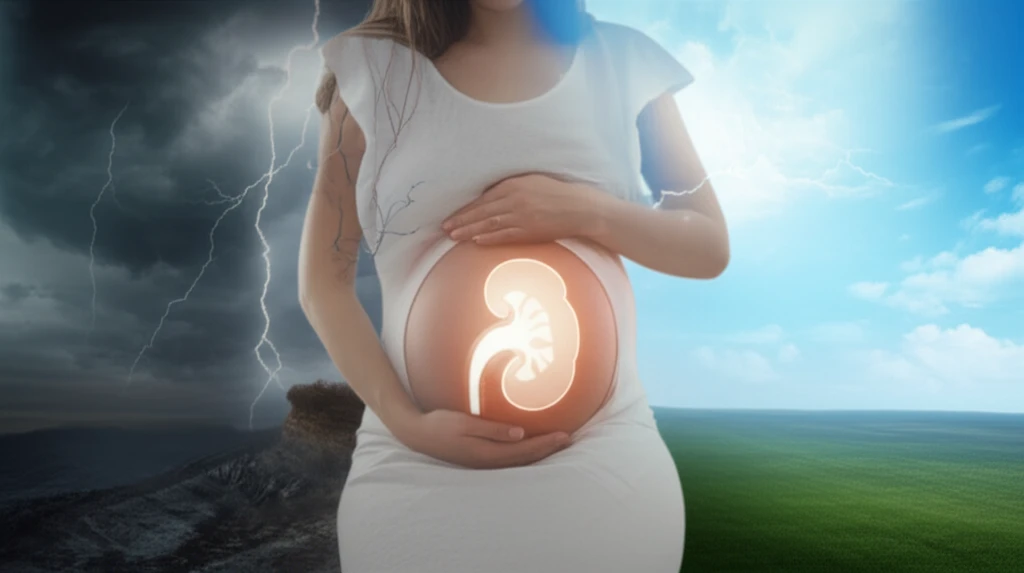 Illustration of a pregnant woman with a kidney symbol, representing kidney health after preeclampsia.