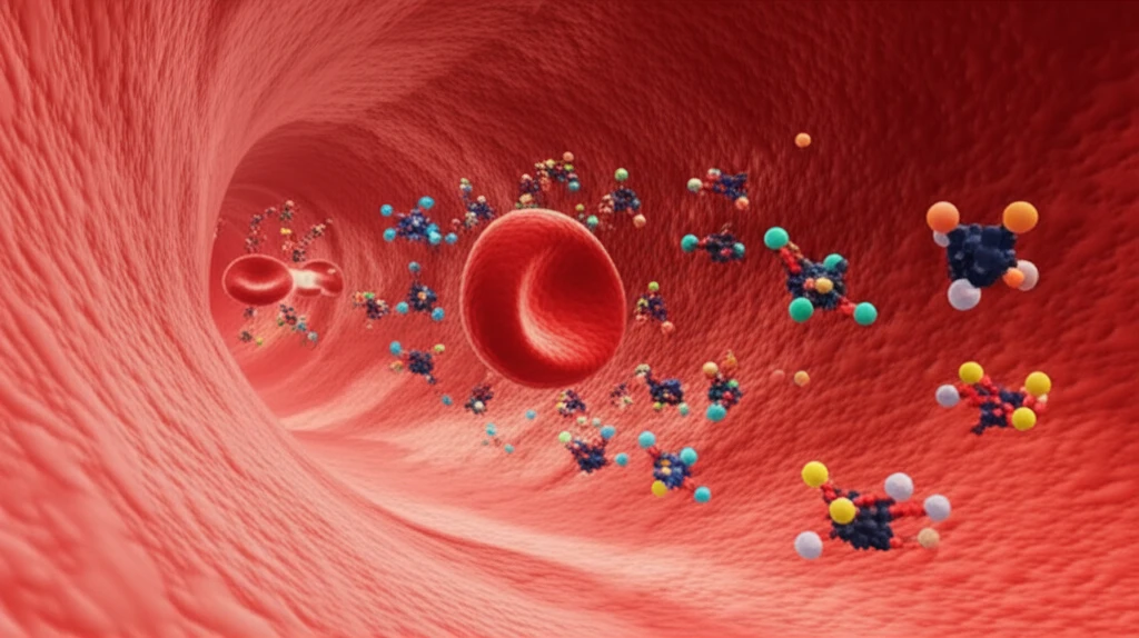 Illustration of a dissolving blood clot with lipid molecules integrating with enzymes.