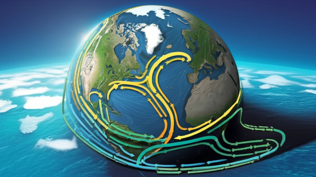 Illustration of the Atlantic Meridional Overturning Circulation (AMOC) with warm and cold water currents, overlaid on a globe highlighting the North Atlantic and Arctic regions.