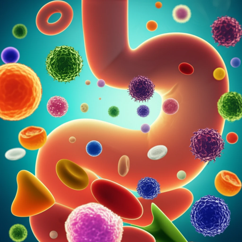 Microscopic view of nanoparticles interacting with food in the digestive system, highlighting potential food safety concerns.