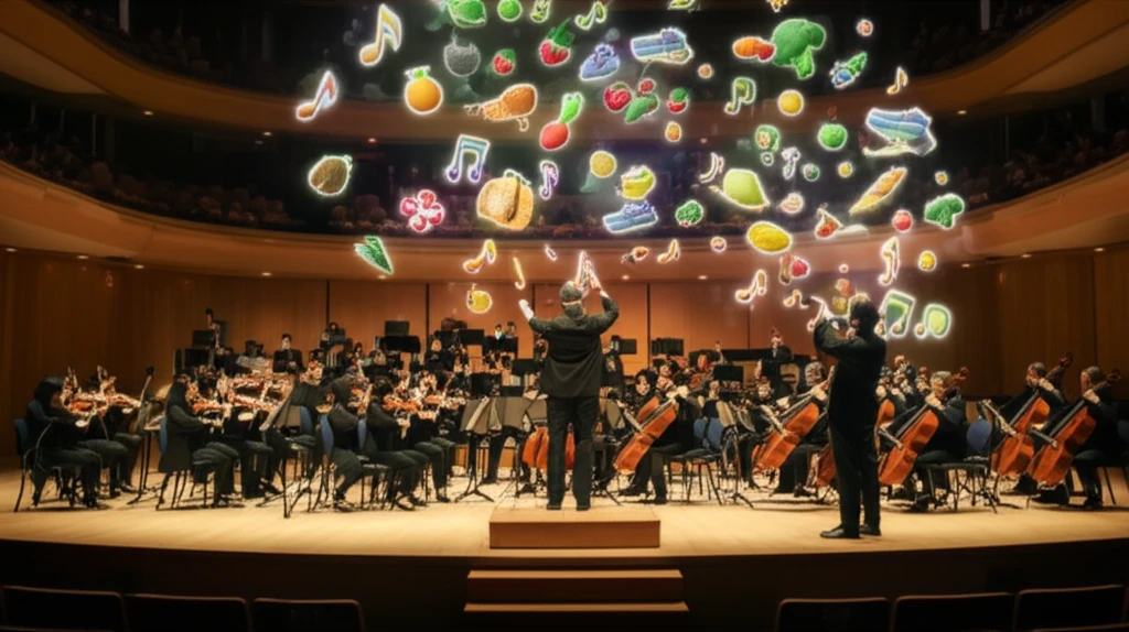 A vibrant orchestra performing inside a human heart, symbolizing the integration of music and cardiovascular health.