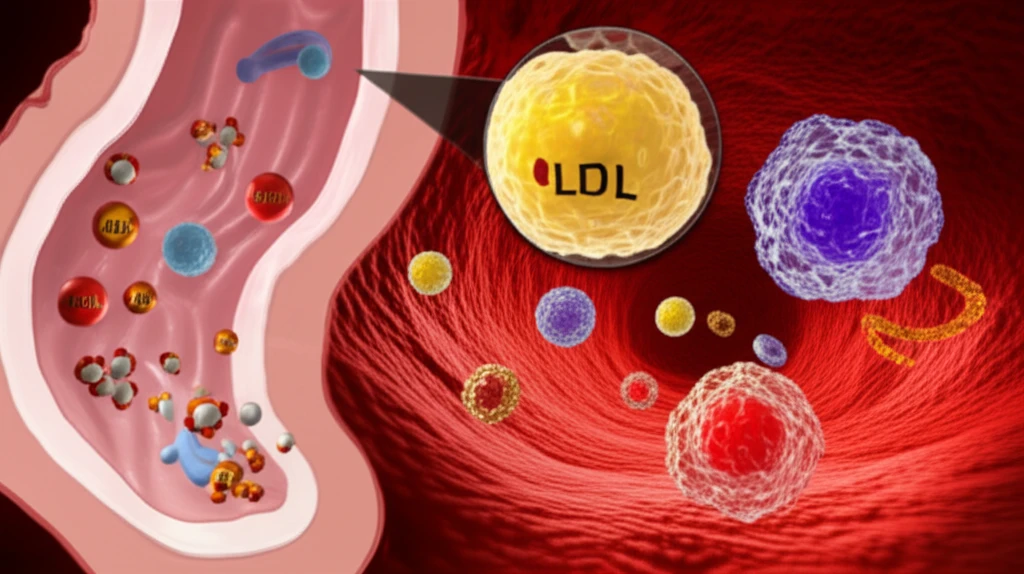 Microscopic landscape of cholesterol molecules and lipoprotein particles illustrating cholesterol metabolism.