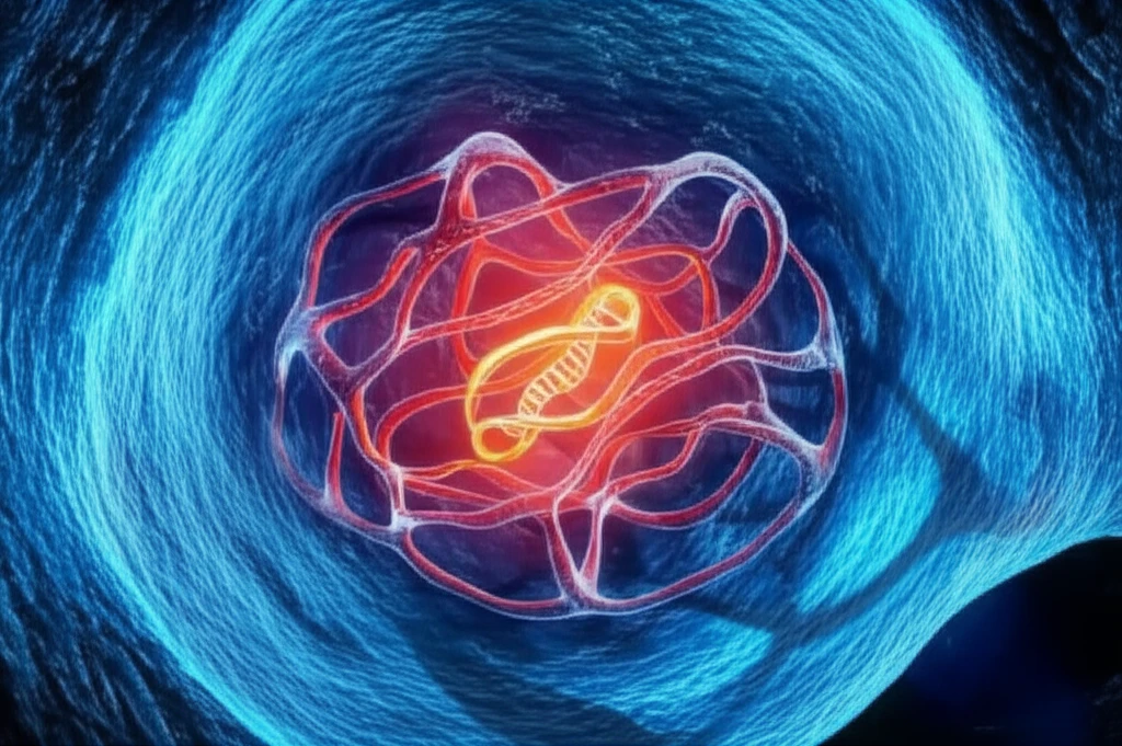 Illustration of a cell with an imbalanced endoplasmic reticulum (ER) network due to a mutated GNE gene, symbolizing disrupted protein folding and cellular imbalance.