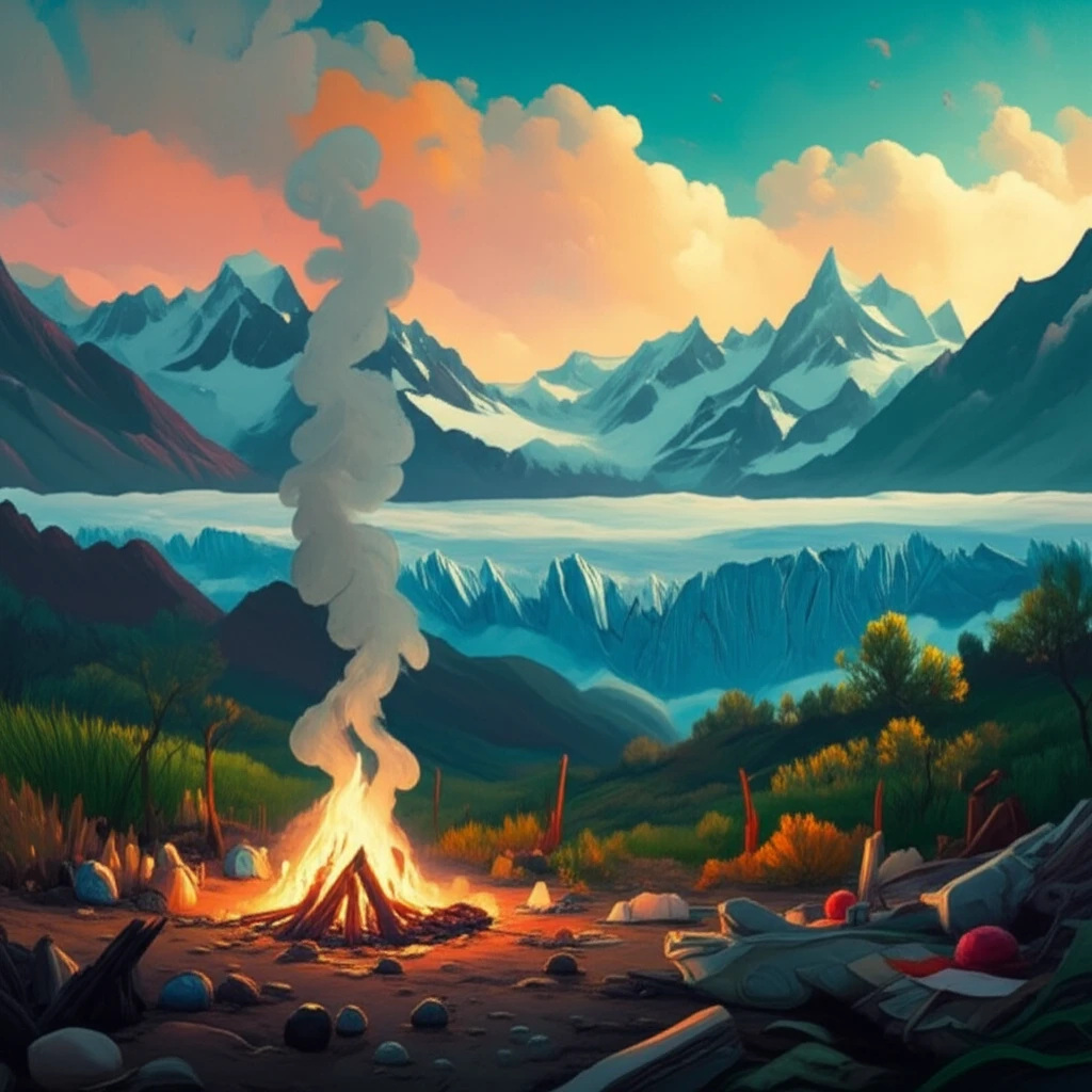 Surreal illustration of environmental paradox: backyard burning contributing to climate change in Mexico.