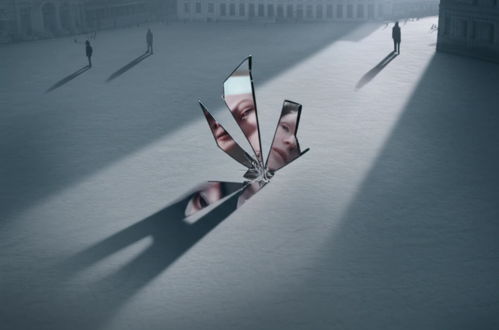 Image symbolizing femicide: Long shadows converging into a broken mirror reflecting distorted women's faces, representing violence against women.