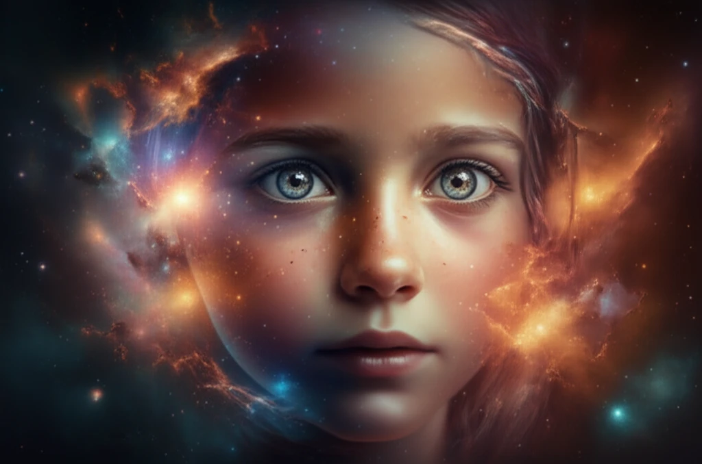 A child's sparkling eyes with a slight inward turn, set against a vibrant galaxy background.
