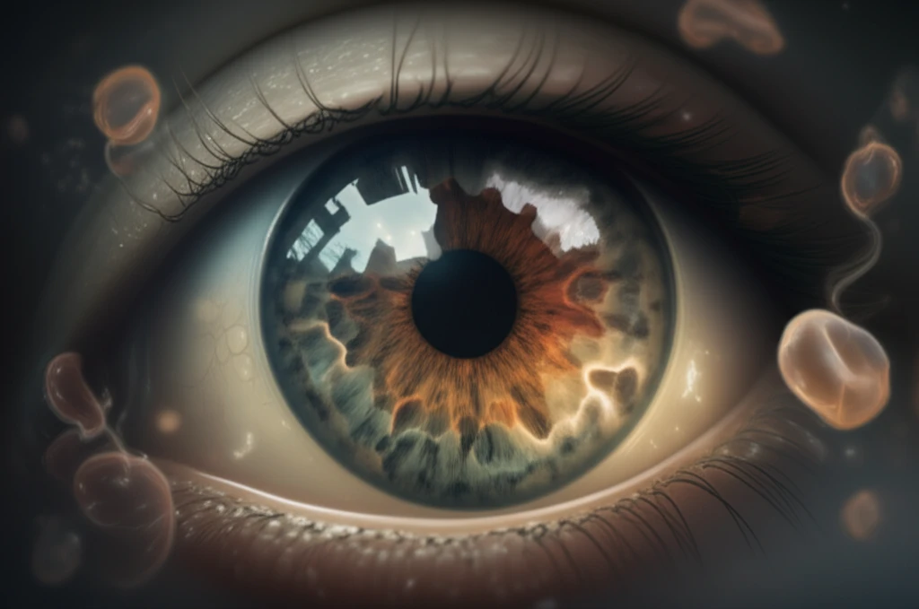 Illustration of an eye undergoing cataract surgery with inflammatory cells, symbolizing the risk of CME.