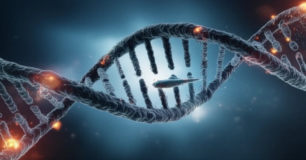 An amphioxus swimming through a DNA strand, symbolizing immune system evolution.