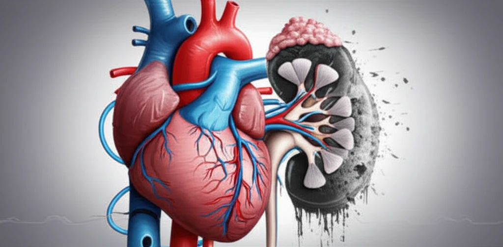 Stylized heart intertwined with kidney, half vibrant, half fading, symbolizing the balance between heart and kidney health.