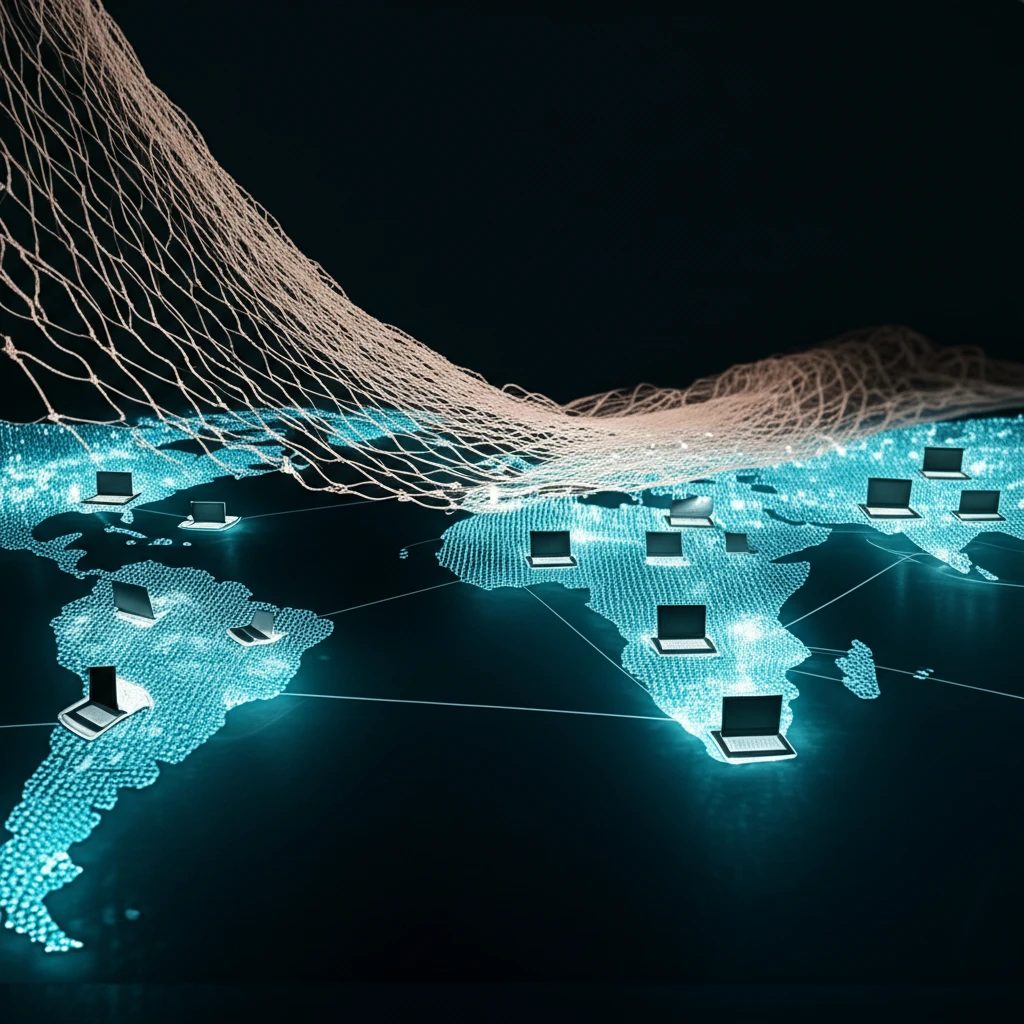 Digital fishing net over computers symbolizes data collection on fish consumption.