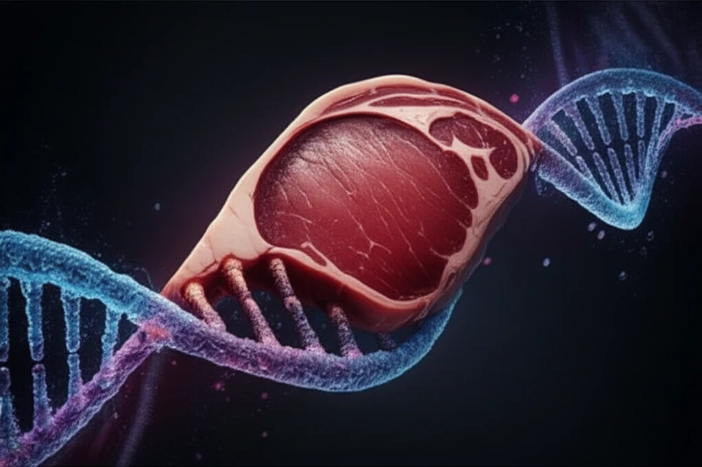DNA strand intertwined with a marbled steak.