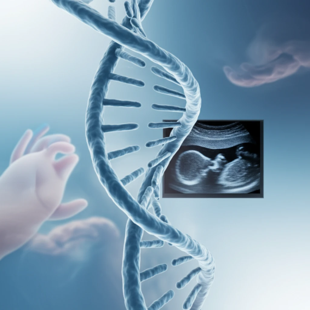 DNA strand and ultrasound of fetus, representing genetic diagnostics and prenatal health.