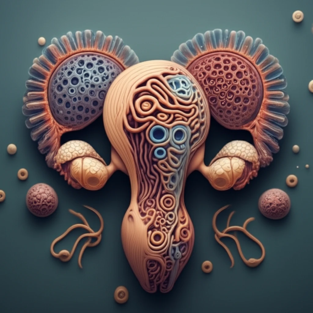 Digital illustration of canine uterus with glandular and squamous tumor cells.