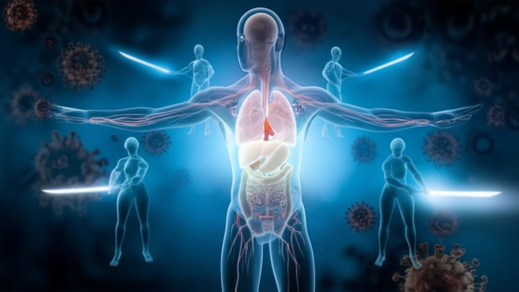Digital illustration of natural killer cells protecting a healthy human body