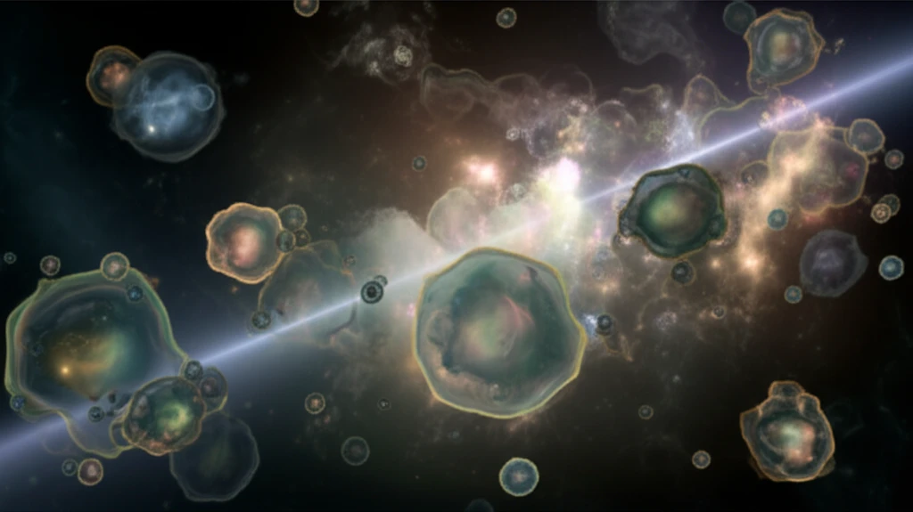 Microscopic view of glowing cells illuminated by a light beam