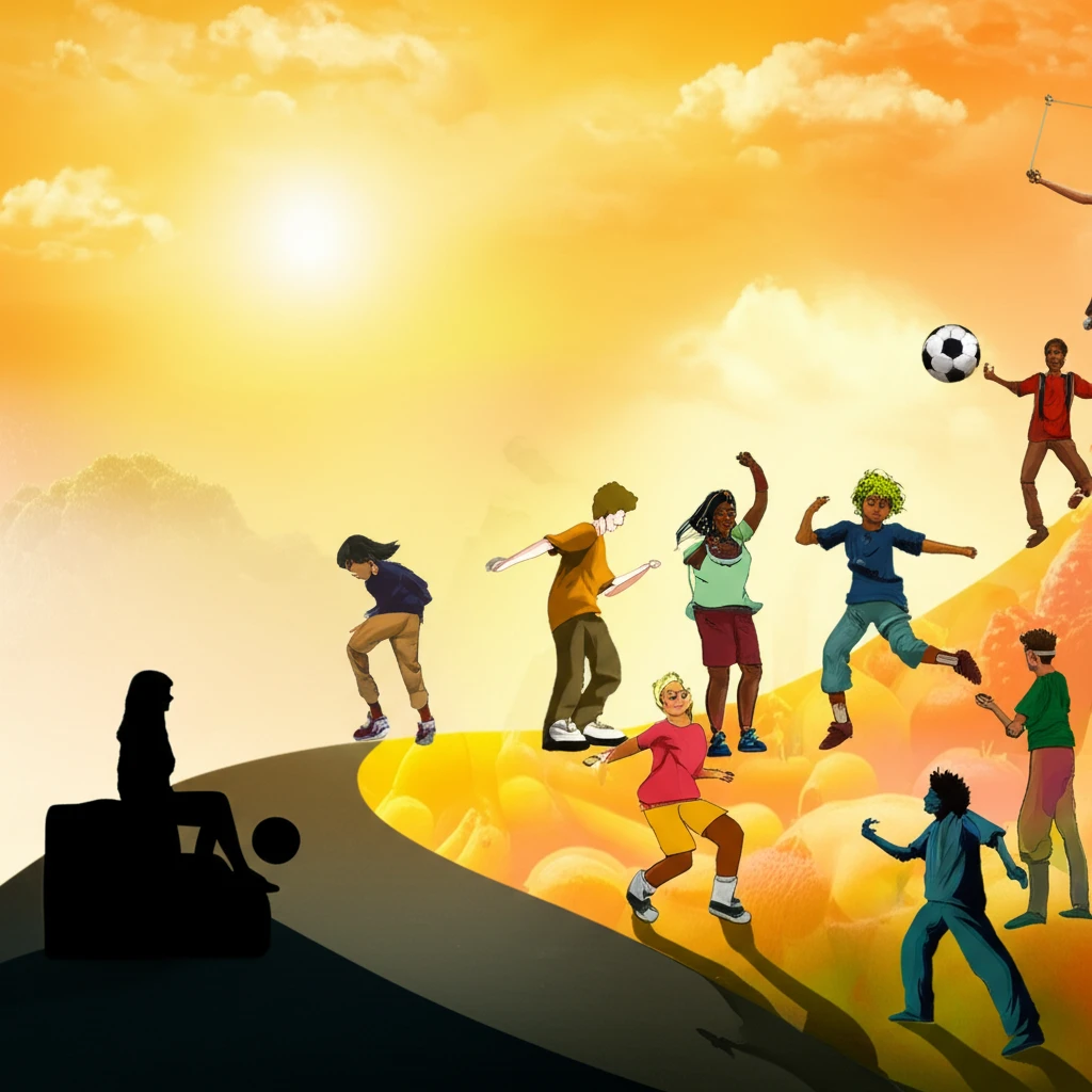 Active teens participating in sports with healthy food in the background.