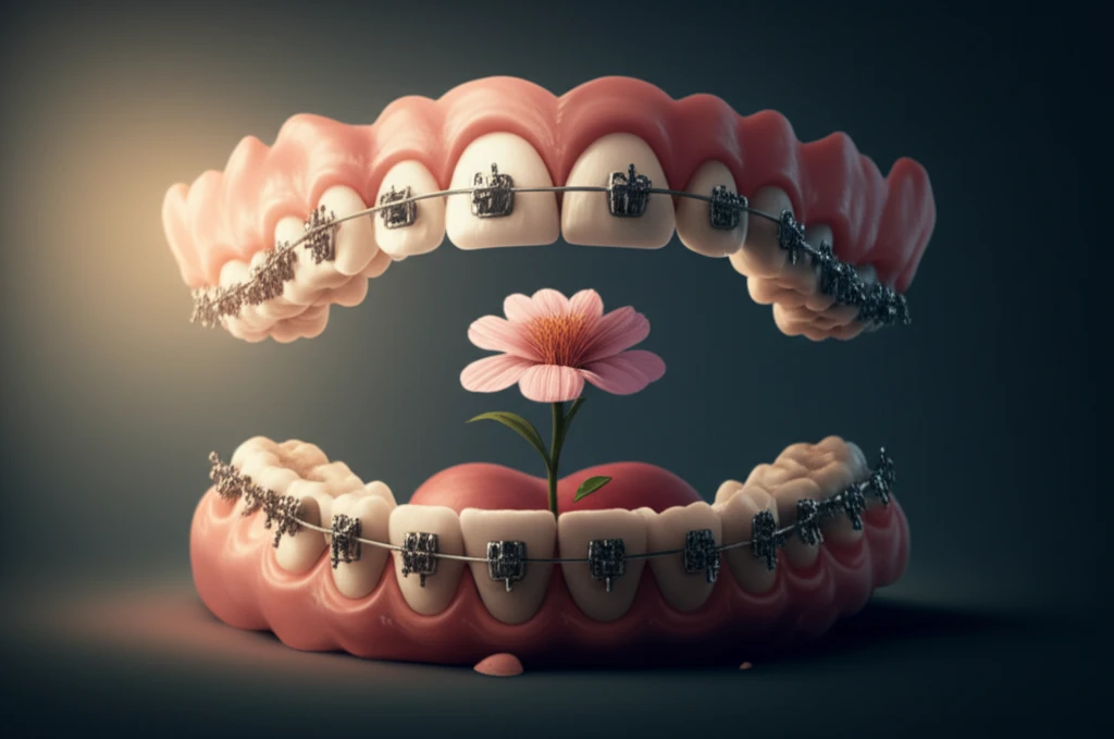 Orthodontic braces with a blooming flower representing transformation
