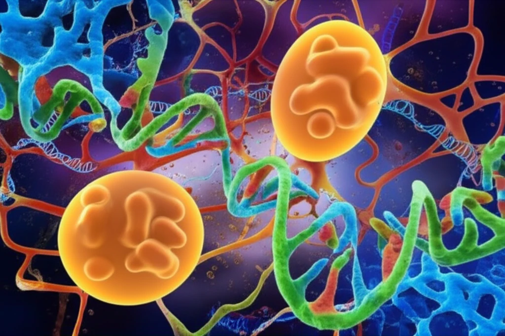 RNA strands intertwined with fat cells, symbolizing the interplay between genetics and obesity.