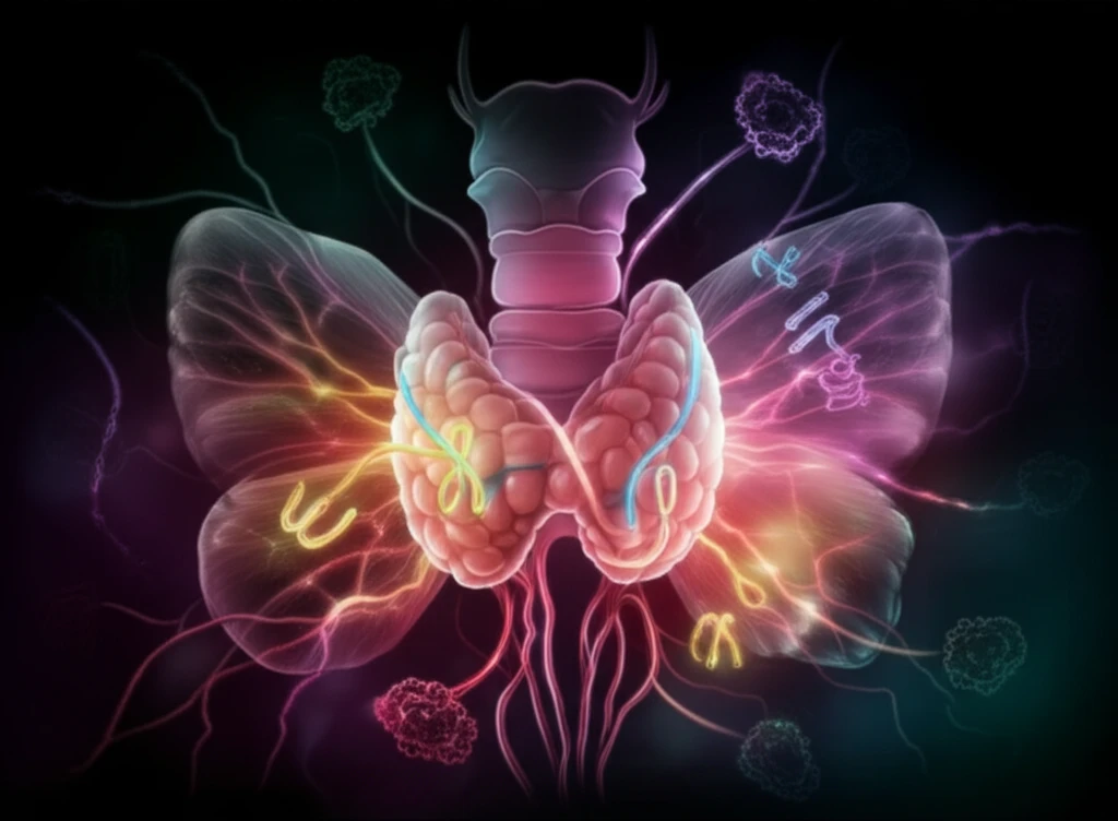 Surreal illustration of thyroid gland intertwined with hormone receptors.