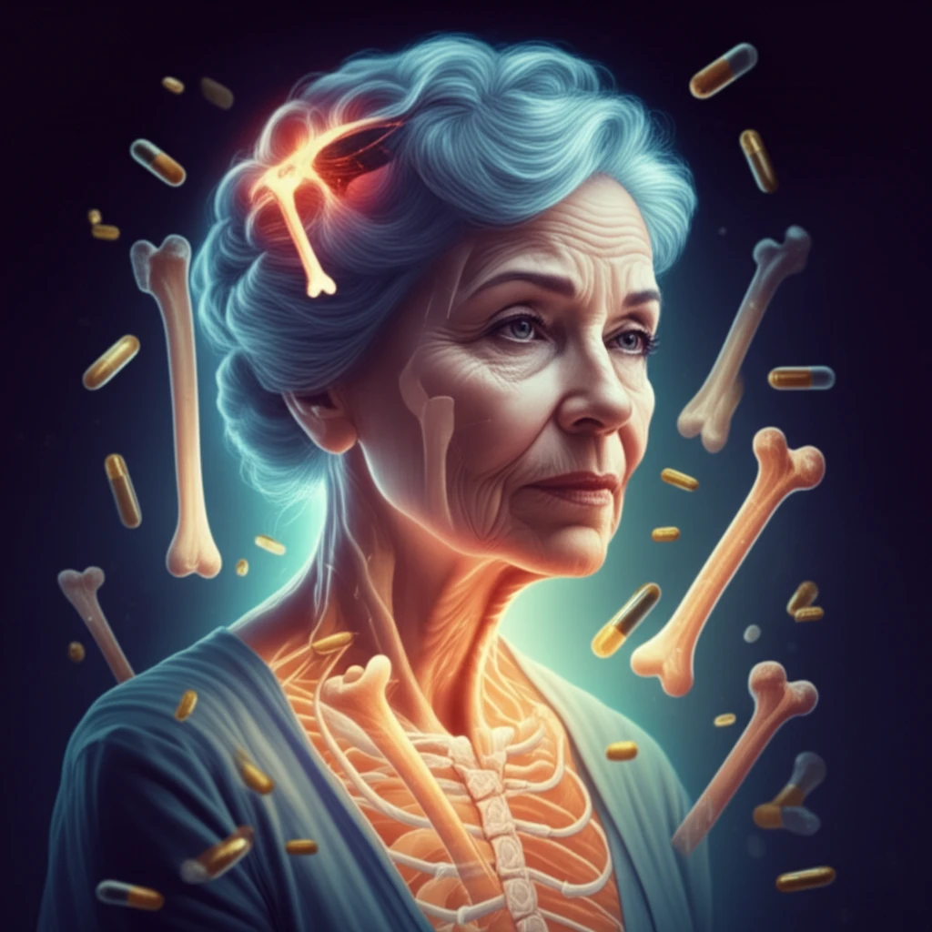 Illustration of an older woman surrounded by healthy bones and statin pills.