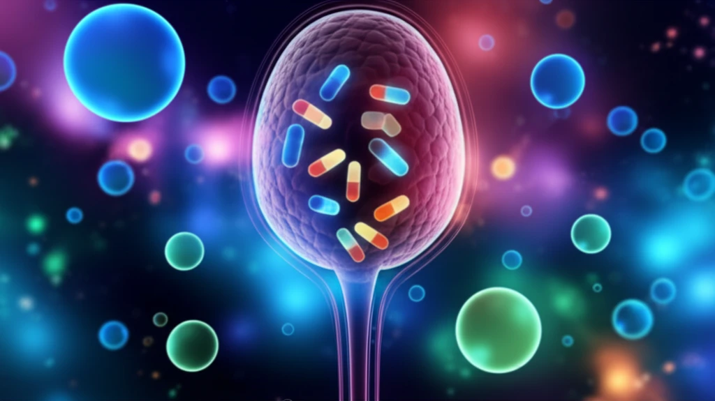 Surreal illustration of prostate cancer treatment with medication orbs.