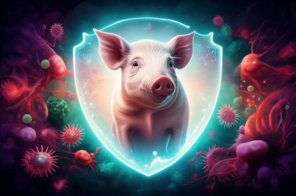 Healthy piglet protected by a glowing immunity shield.