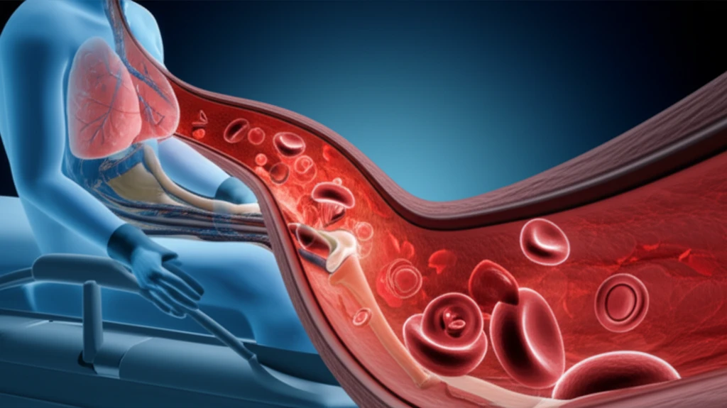Surreal illustration of fat globules traveling through the bloodstream to lungs and brain post-knee replacement.