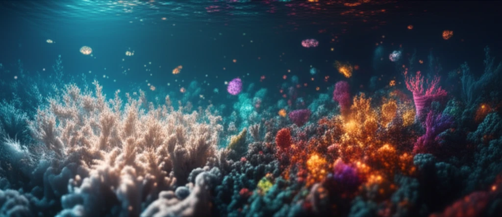 A surreal illustration showing bleached coral gradually regaining color and health, with symbolic representations of diverse microbes interwoven into the image.