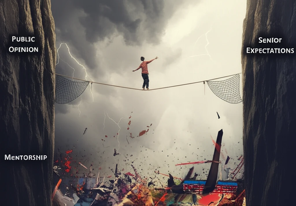 A surreal illustration of a tightrope walker balancing between 'Public Opinion' and 'Senior Expectations' in a stormy, emotional landscape.
