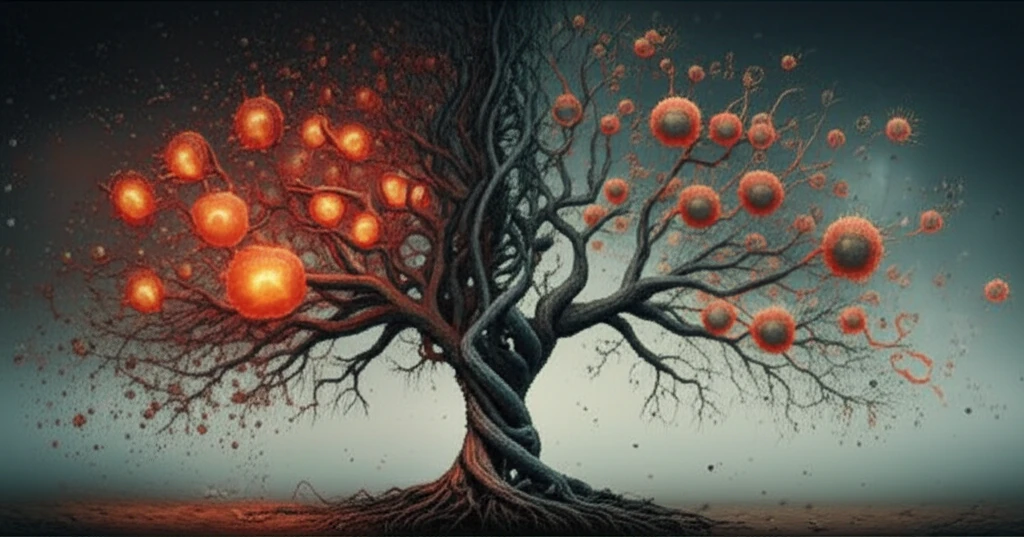 A surreal depiction of RNA as a tree of life, with healthy immune cells flourishing on one side and cancerous cells decaying on the other.