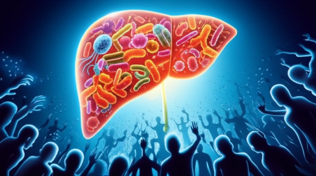 A visual representation of the gut-liver axis, showing healthy gut bacteria protecting the liver from autoimmune attack.
