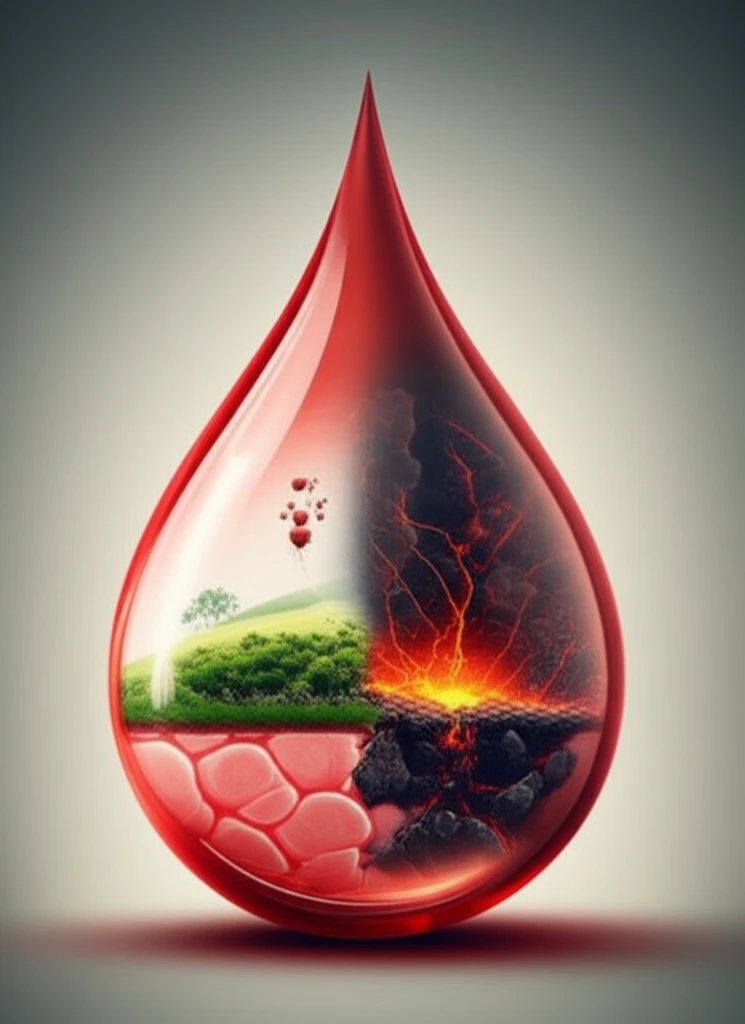 Blood drop transforming into healthy skin, contrasted with melanoma landscape, symbolizing NLR's role in predicting melanoma recurrence.