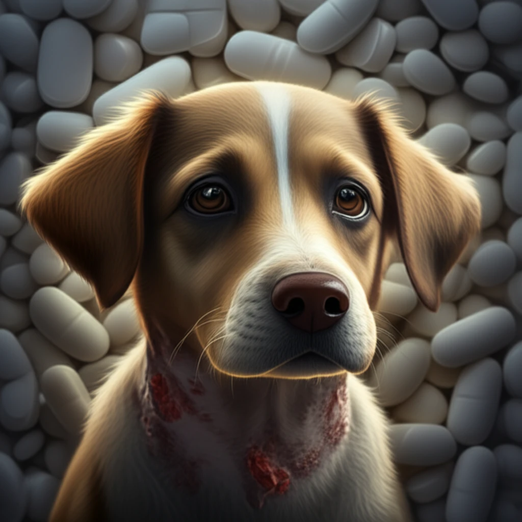 Dog with skin rash surrounded by chemotherapy pills, representing Canine Lymphoma treatment.