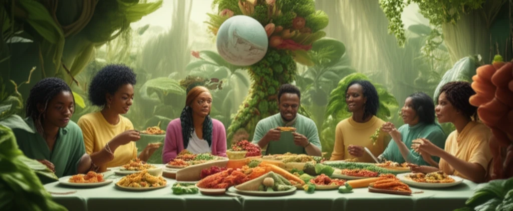 Diverse group of people enjoying a vibrant, plant-based meal in a lush, green environment, symbolizing the benefits of flexitarian diets for both health and the planet.
