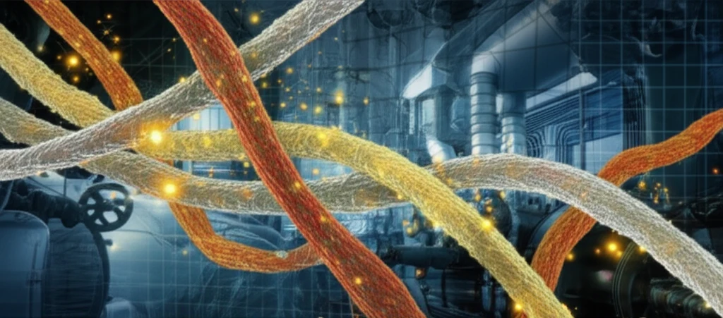 Surreal illustration of intertwined fungal networks producing enzymes in an industrial setting.