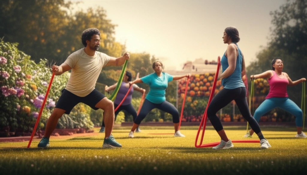 Diverse group exercising with kinesiologist in community garden setting.