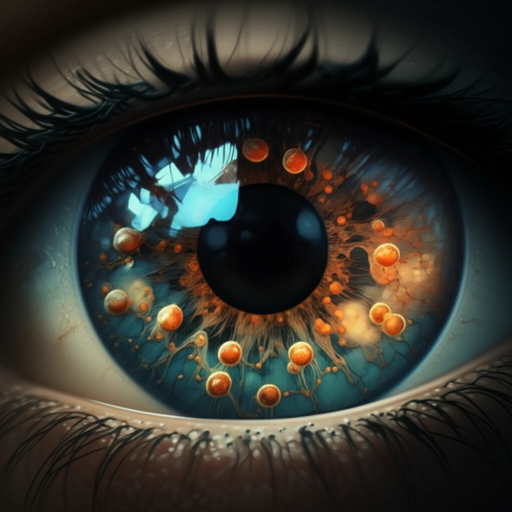 Microscopic view of the human eye lens showcasing interconnected, glowing cells in a spectrum of colors.