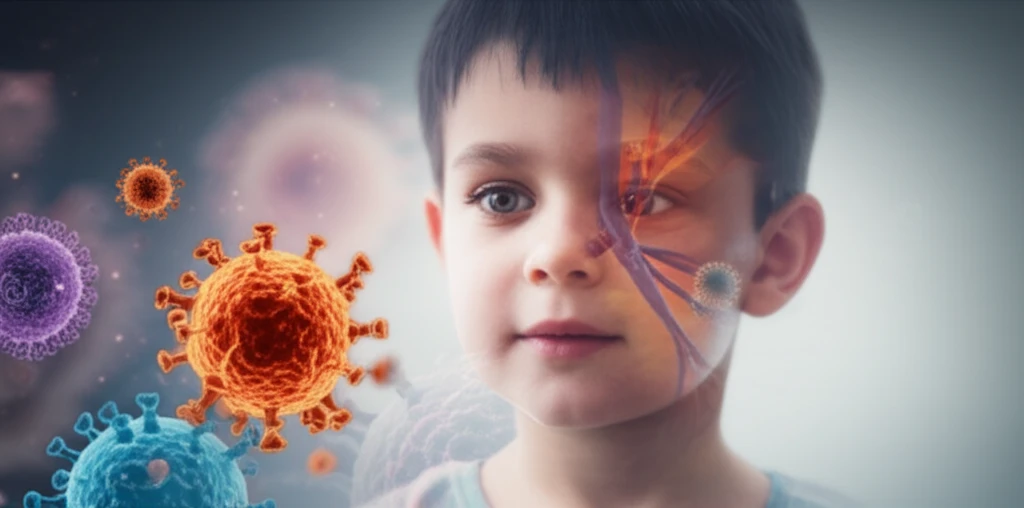 Illustration showing the connection between childhood asthma, respiratory infections, and eosinophils.