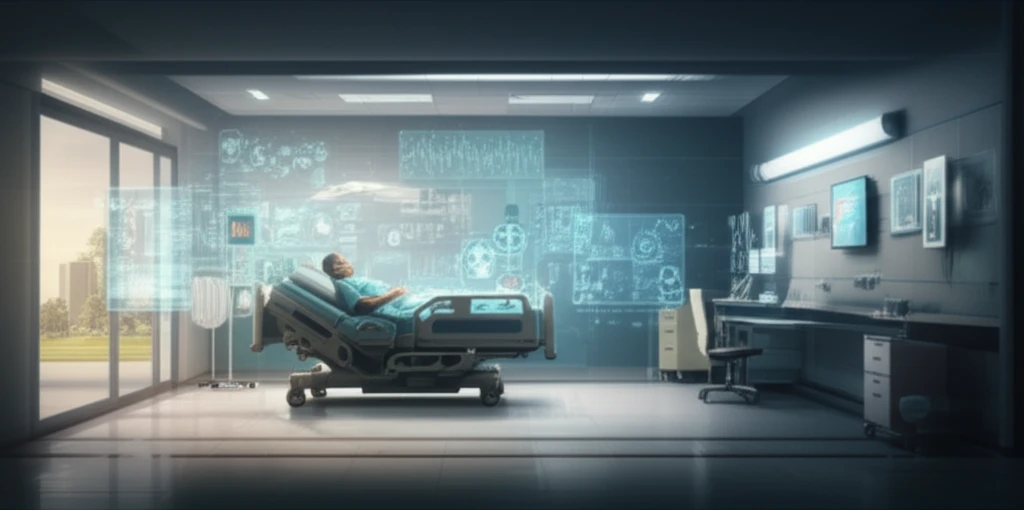 A patient comfortably recovers at home surrounded by holographic medical data, symbolizing remote patient monitoring.