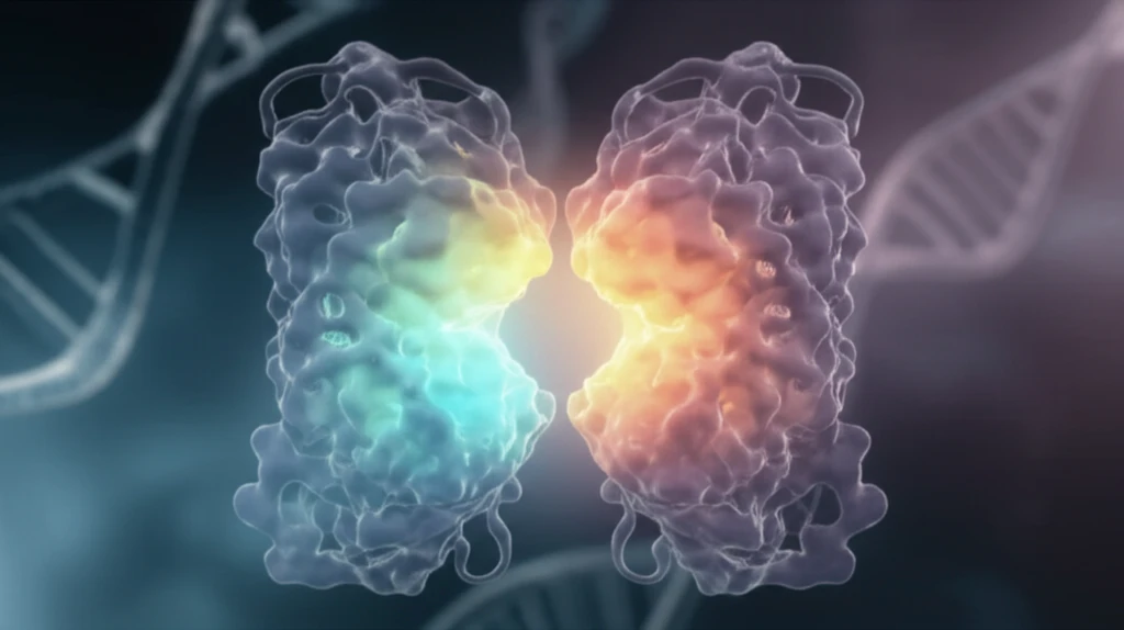 Asymmetric protein homodimer with DNA strands in the background.